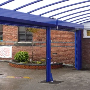 Ultrdoor shutters in a school play area enclosing a walkway